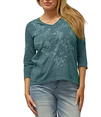 Karyn Seo Enya Tonal Floral Embroidered V-Neck 3/4 Sleeve Top