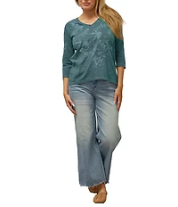 Karyn Seo Enya Tonal Floral Embroidered V-Neck 3/4 Sleeve Top