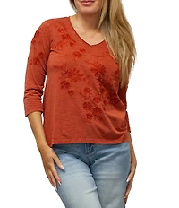 Karyn Seo Enya Tonal Floral Embroidered V-Neck 3/4 Sleeve Top
