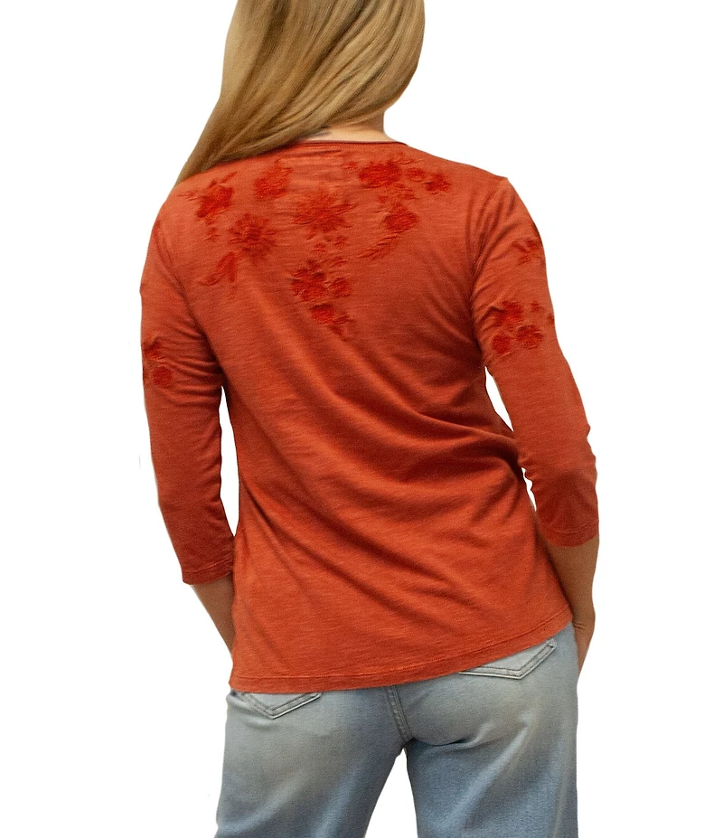 Karyn Seo Enya Tonal Floral Embroidered V-Neck 3/4 Sleeve Top