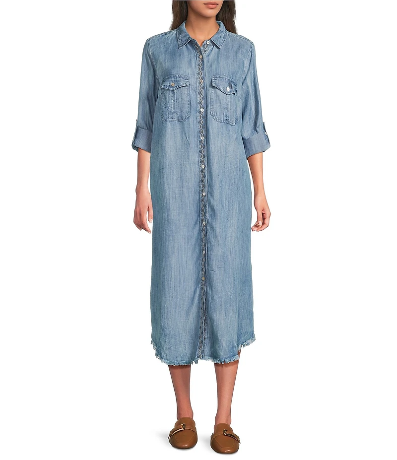 Karyn Seo Fia Chambray Vintage-Inspired Embroidered Roll Tab Sleeve Button Front Midi Shirt Dress