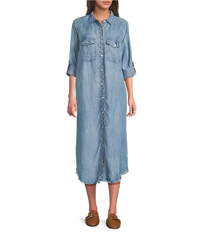 Karyn Seo Fia Chambray Vintage-Inspired Embroidered Roll Tab Sleeve Button Front Midi Shirt Dress