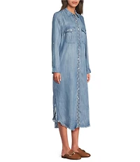 Karyn Seo Fia Chambray Vintage-Inspired Embroidered Roll Tab Sleeve Button Front Midi Shirt Dress