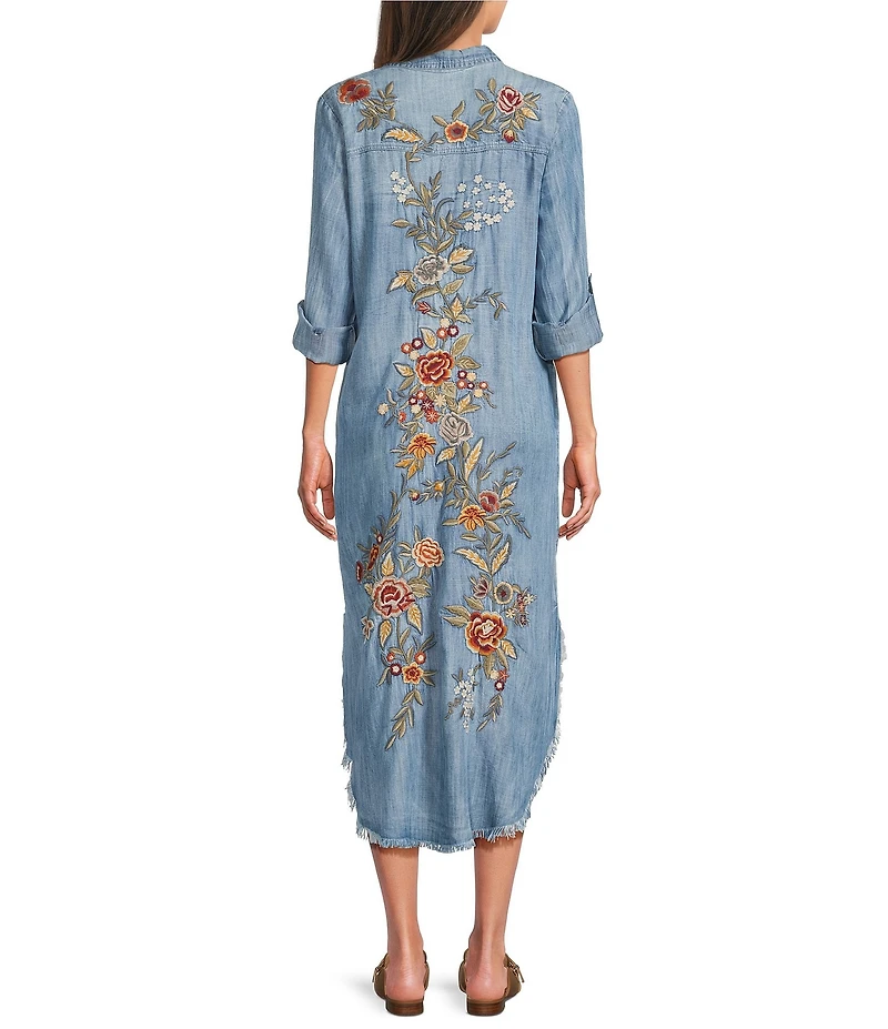 Karyn Seo Fia Chambray Vintage-Inspired Embroidered Roll Tab Sleeve Button Front Midi Shirt Dress