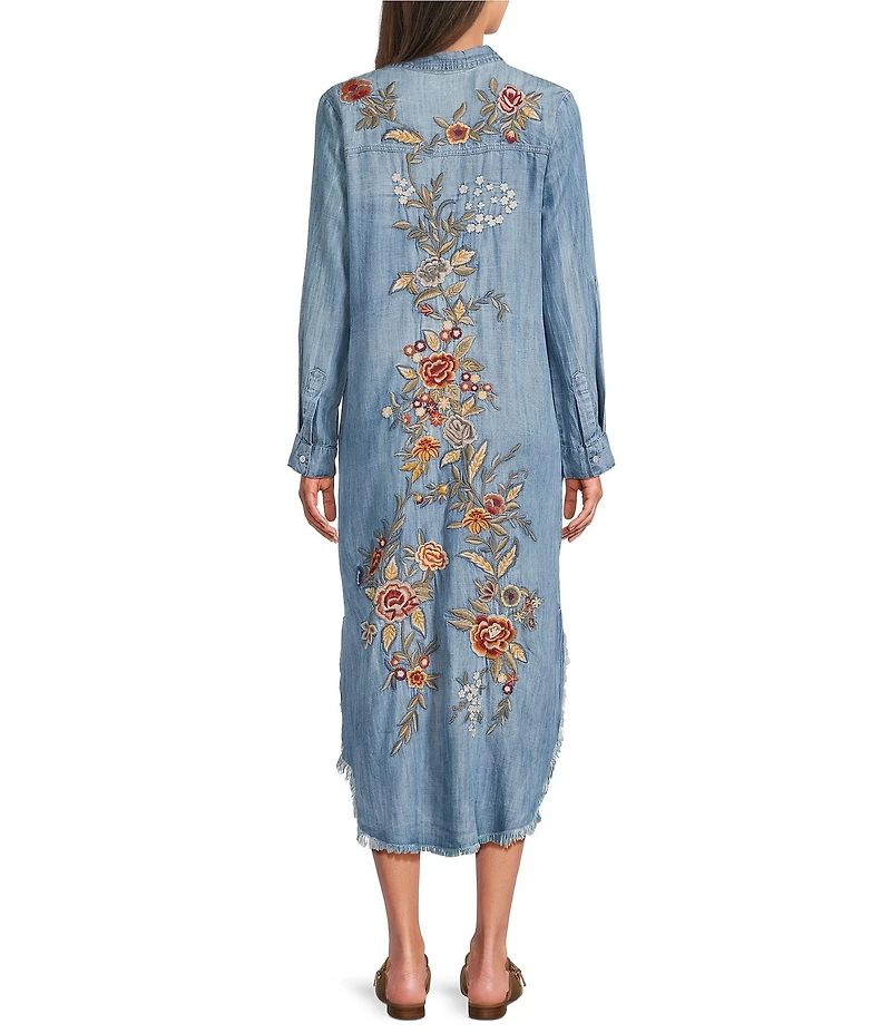 Karyn Seo Fia Chambray Vintage-Inspired Embroidered Roll Tab Sleeve Button Front Midi Shirt Dress