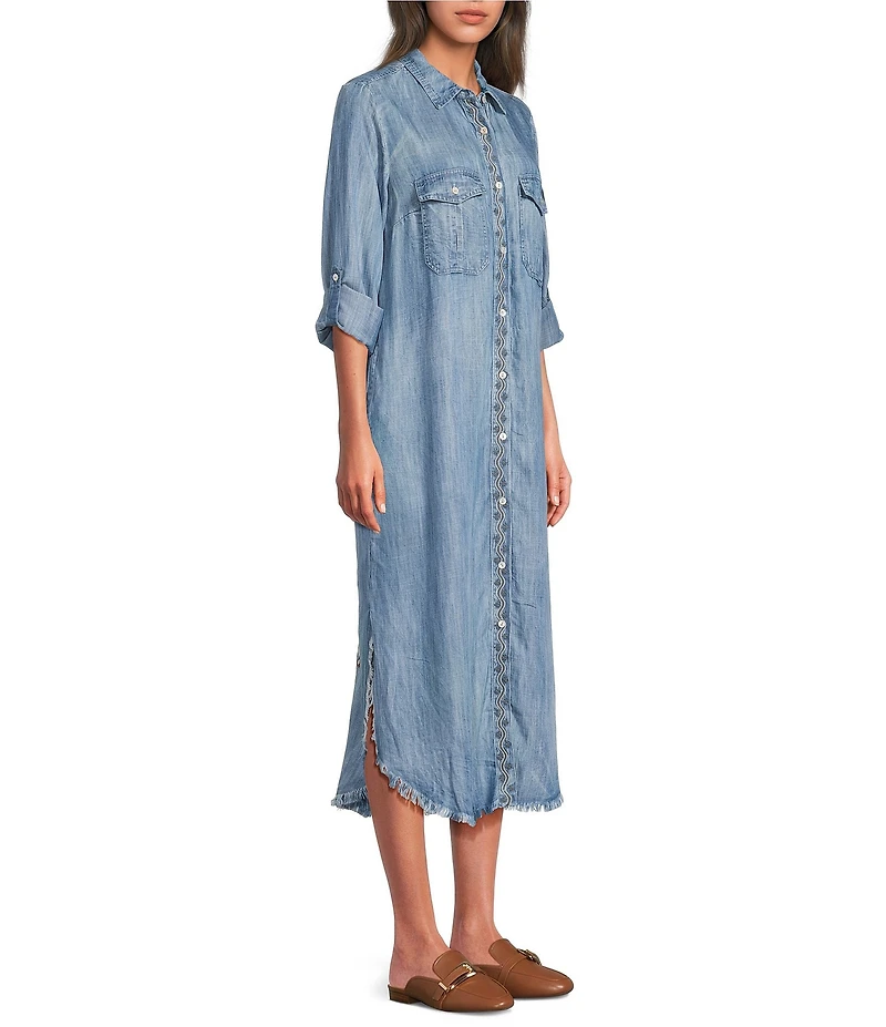 Karyn Seo Fia Chambray Vintage-Inspired Embroidered Roll Tab Sleeve Button Front Midi Shirt Dress