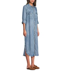 Karyn Seo Fia Chambray Vintage-Inspired Embroidered Roll Tab Sleeve Button Front Midi Shirt Dress