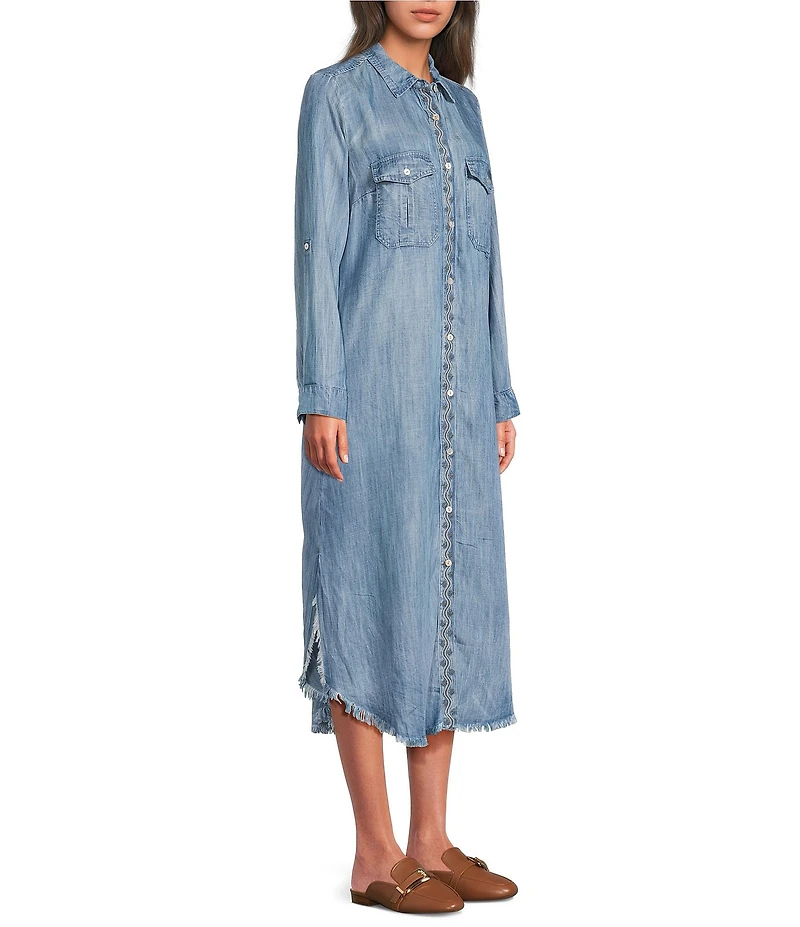 Karyn Seo Fia Chambray Vintage-Inspired Embroidered Roll Tab Sleeve Button Front Midi Shirt Dress