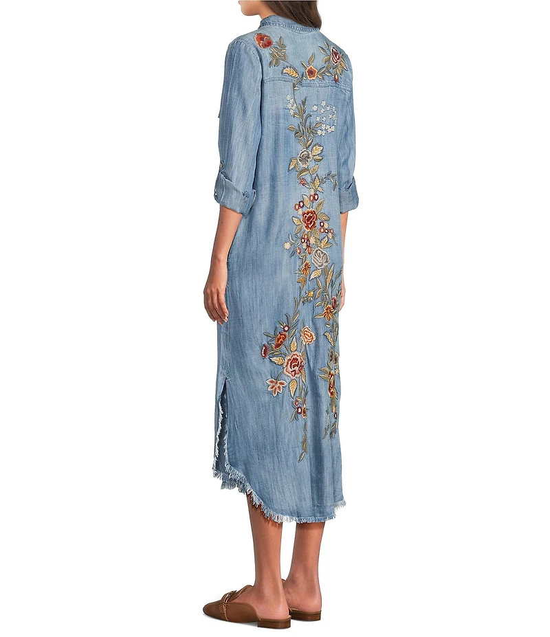 Karyn Seo Fia Chambray Vintage-Inspired Embroidered Roll Tab Sleeve Button Front Midi Shirt Dress