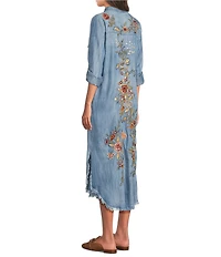 Karyn Seo Fia Chambray Vintage-Inspired Embroidered Roll Tab Sleeve Button Front Midi Shirt Dress