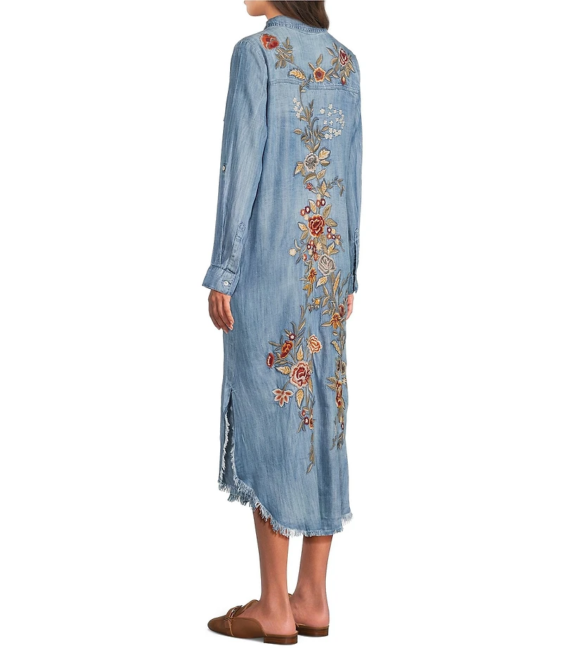 Karyn Seo Fia Chambray Vintage-Inspired Embroidered Roll Tab Sleeve Button Front Midi Shirt Dress