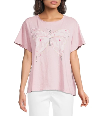 Karyn Seo Filippa Knit Graphic Butterfly Embroidered Crew Neck Short Sleeve Oversized Boxy Tee