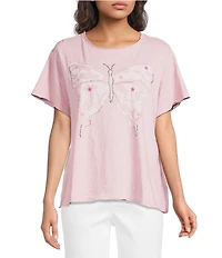 Karyn Seo Filippa Knit Graphic Butterfly Embroidered Crew Neck Short Sleeve Oversized Boxy Tee
