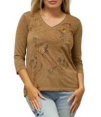 Karyn Seo Greta Floral Celestial Motif Embroidered V-Neck 3/4 Sleeve Top