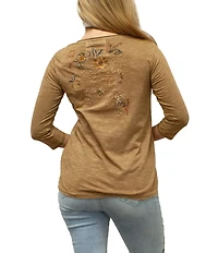 Karyn Seo Greta Floral Celestial Motif Embroidered V-Neck 3/4 Sleeve Top