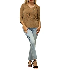 Karyn Seo Greta Floral Celestial Motif Embroidered V-Neck 3/4 Sleeve Top
