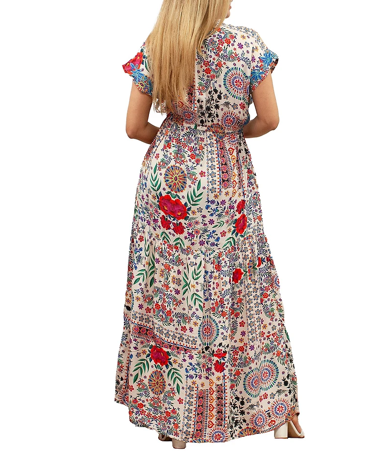 Karyn Seo Gypsy Bohemian Print Cinched Waist V-Neck Short Sleeve Maxi Dress