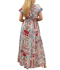 Karyn Seo Gypsy Bohemian Print Cinched Waist V-Neck Short Sleeve Maxi Dress