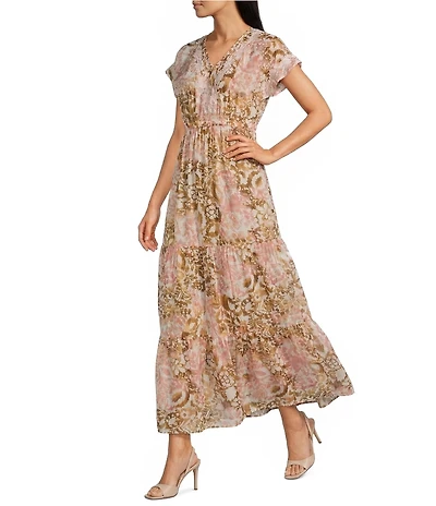 Karyn Seo Gypsy Vintage-Inspired Boho Print V-Neck Short Sleeve Tiered A-Line Maxi Sundress