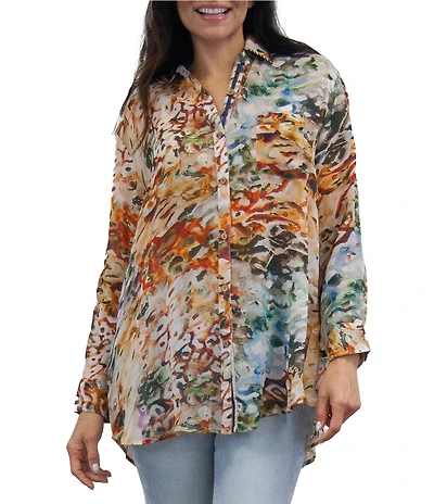 Karyn Seo Holly Woven Chiffon Watercolor Print Johnny Collar Long Sleeve Top
