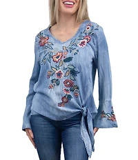 Karyn Seo Ida Woven Solid V-Neck Long Sleeve Left Side Hem Tie Blouse