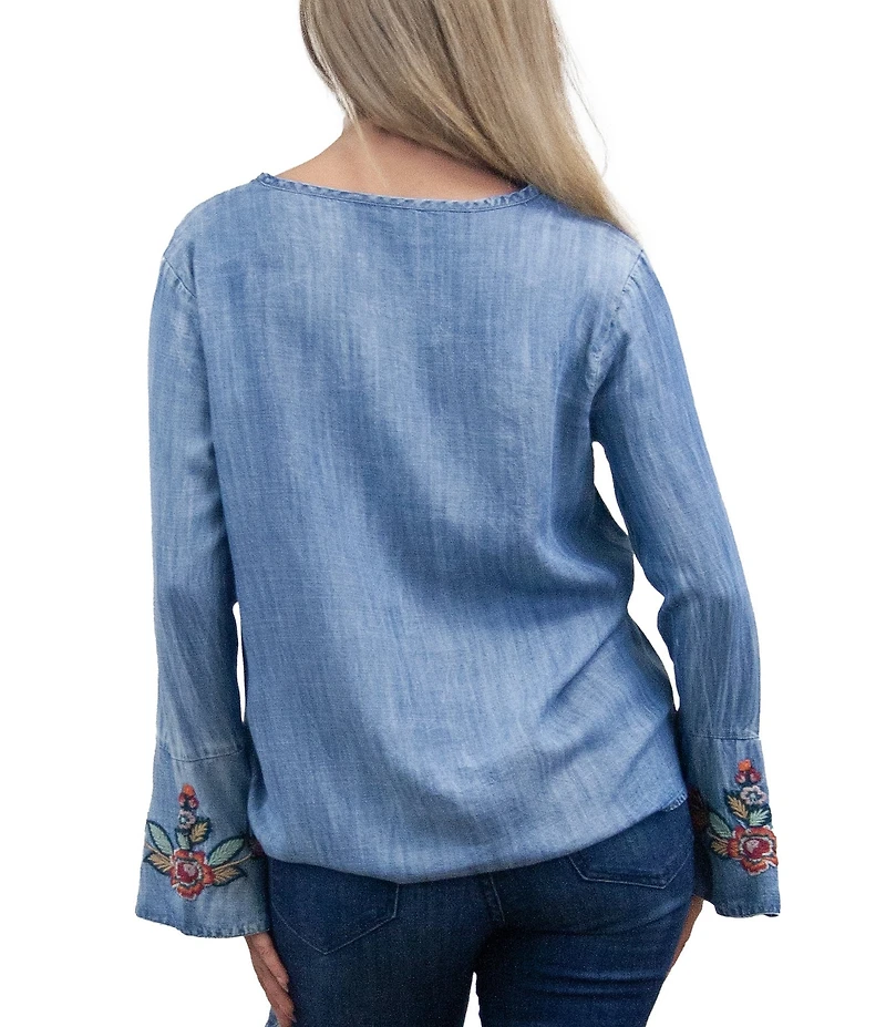 Karyn Seo Ida Woven Solid V-Neck Long Sleeve Left Side Hem Tie Blouse
