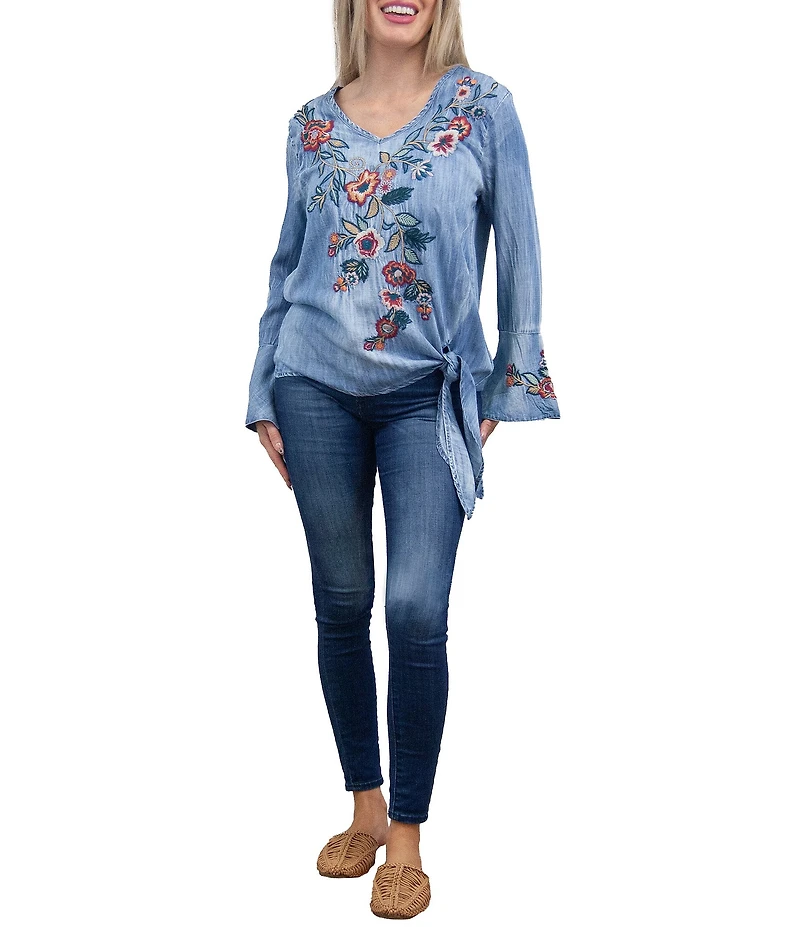 Karyn Seo Ida Woven Solid V-Neck Long Sleeve Left Side Hem Tie Blouse