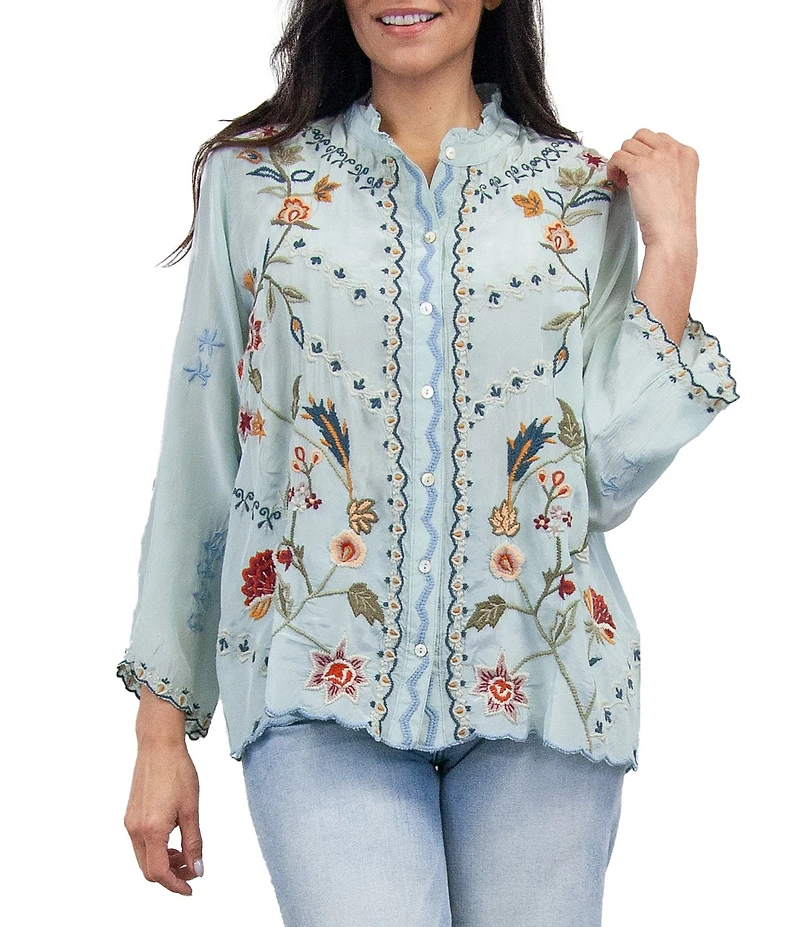Karyn Seo Ina Woven Round Neck Long Sleeve Geometric Embroidery Shirt