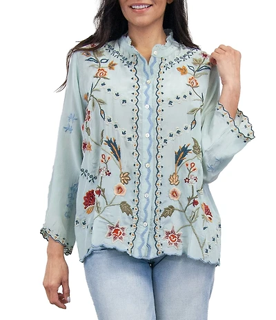 Karyn Seo Ina Woven Round Neck Long Sleeve Geometric Embroidery Shirt
