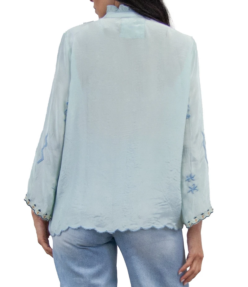 Karyn Seo Ina Woven Round Neck Long Sleeve Geometric Embroidery Shirt