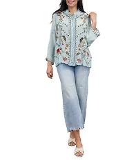 Karyn Seo Ina Woven Round Neck Long Sleeve Geometric Embroidery Shirt