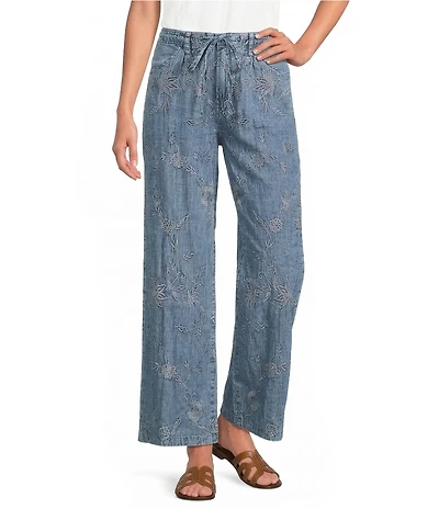 Karyn Seo Innis Tonal Blue Floral Embroidered Wide Leg Pants