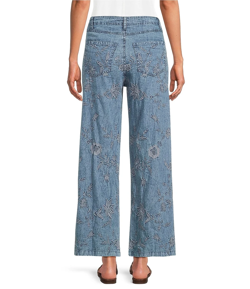Karyn Seo Innis Tonal Blue Floral Embroidered Wide Leg Pants