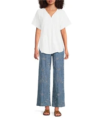 Karyn Seo Innis Tonal Blue Floral Embroidered Wide Leg Pants