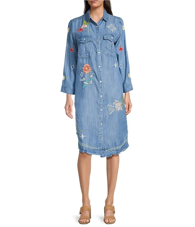 Karyn Seo Isa Denim Chambray Vintage Inspired Embroidered Point Collar 3/4 Roll-Tab Sleeve Button Front Dress