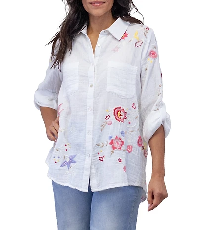 Karyn Seo Isla Vintage-Inspired Floral & Geometric Embroidered Point Collar Long Roll-Tab Sleeve Button Front Shirt