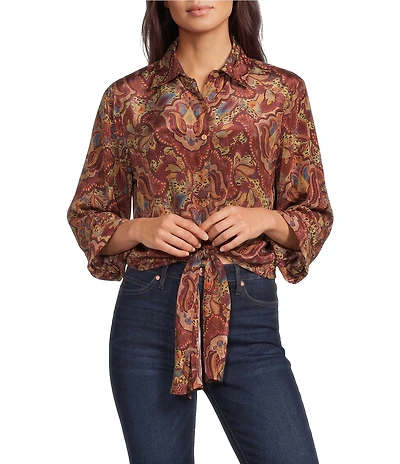 Karyn Seo Jojo Woven Boho Print Spread Collar 3/4 Sleeve Button Placket Shirt