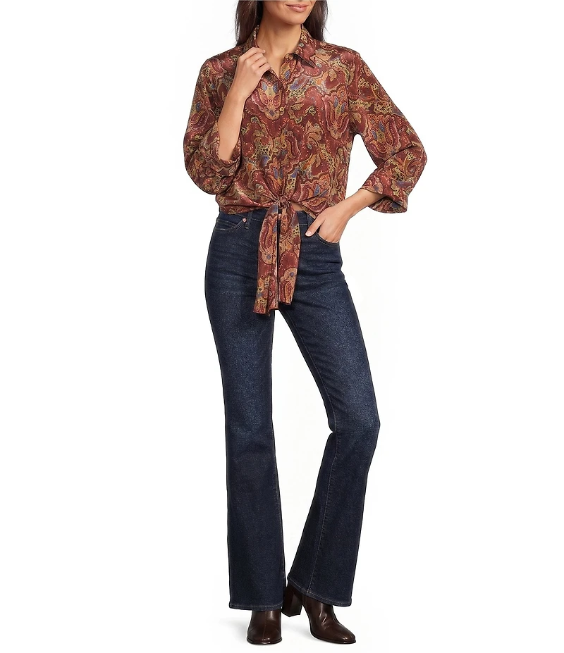 Karyn Seo Jojo Woven Boho Print Spread Collar 3/4 Sleeve Button Placket Shirt