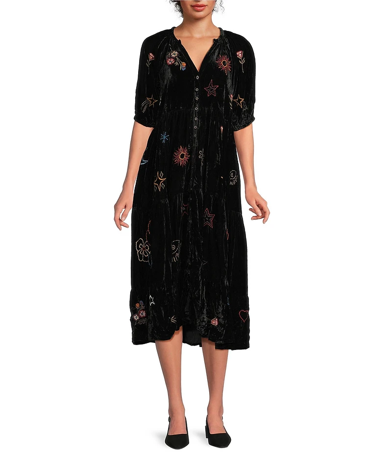Karyn Seo Jolene Crinkled Velvet Doodle Embroidered V-Neck Short Sleeve Button Front Midi Dress
