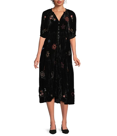 Karyn Seo Jolene Crinkled Velvet Doodle Embroidered V-Neck Short Sleeve Button Front Midi Dress