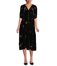 Karyn Seo Jolene Crinkled Velvet Doodle Embroidered V-Neck Short Sleeve Button Front Midi Dress
