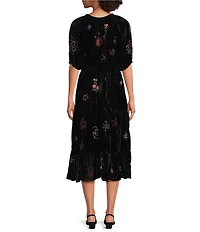 Karyn Seo Jolene Crinkled Velvet Doodle Embroidered V-Neck Short Sleeve Button Front Midi Dress