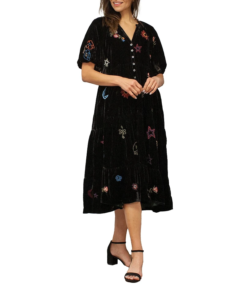 Karyn Seo Jolene Crinkled Velvet Doodle Embroidered V-Neck Short Sleeve Button Front Midi Dress