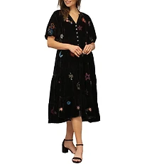 Karyn Seo Jolene Crinkled Velvet Doodle Embroidered V-Neck Short Sleeve Button Front Midi Dress