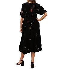 Karyn Seo Jolene Crinkled Velvet Doodle Embroidered V-Neck Short Sleeve Button Front Midi Dress