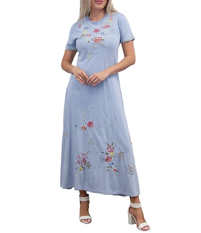 Karyn Seo Juno Vintage Inspired Romantic Floral Embroidered Round Neck Short Sleeve A-Line Midi Dress