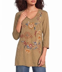 Karyn Seo Knit Geometric Floral Embroidered V-Neck 3/4 Sleeve Top