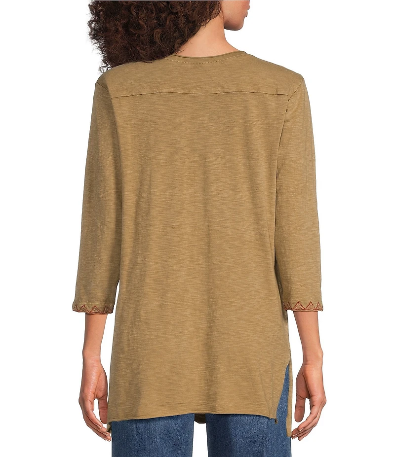 Karyn Seo Knit Geometric Floral Embroidered V-Neck 3/4 Sleeve Top