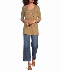 Karyn Seo Knit Geometric Floral Embroidered V-Neck 3/4 Sleeve Top
