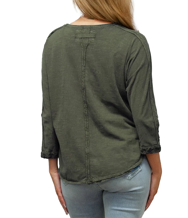 Karyn Seo Lanna Tonal Embroidered Button V-Neck Henley 3/4 Dolman Sleeve Top